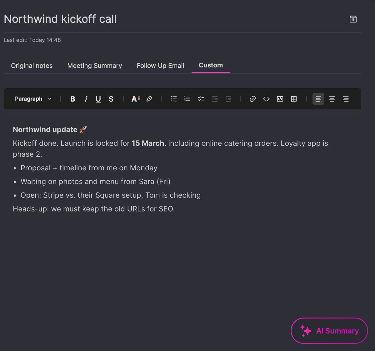 A short Slack update for the team, made from the meeting summary