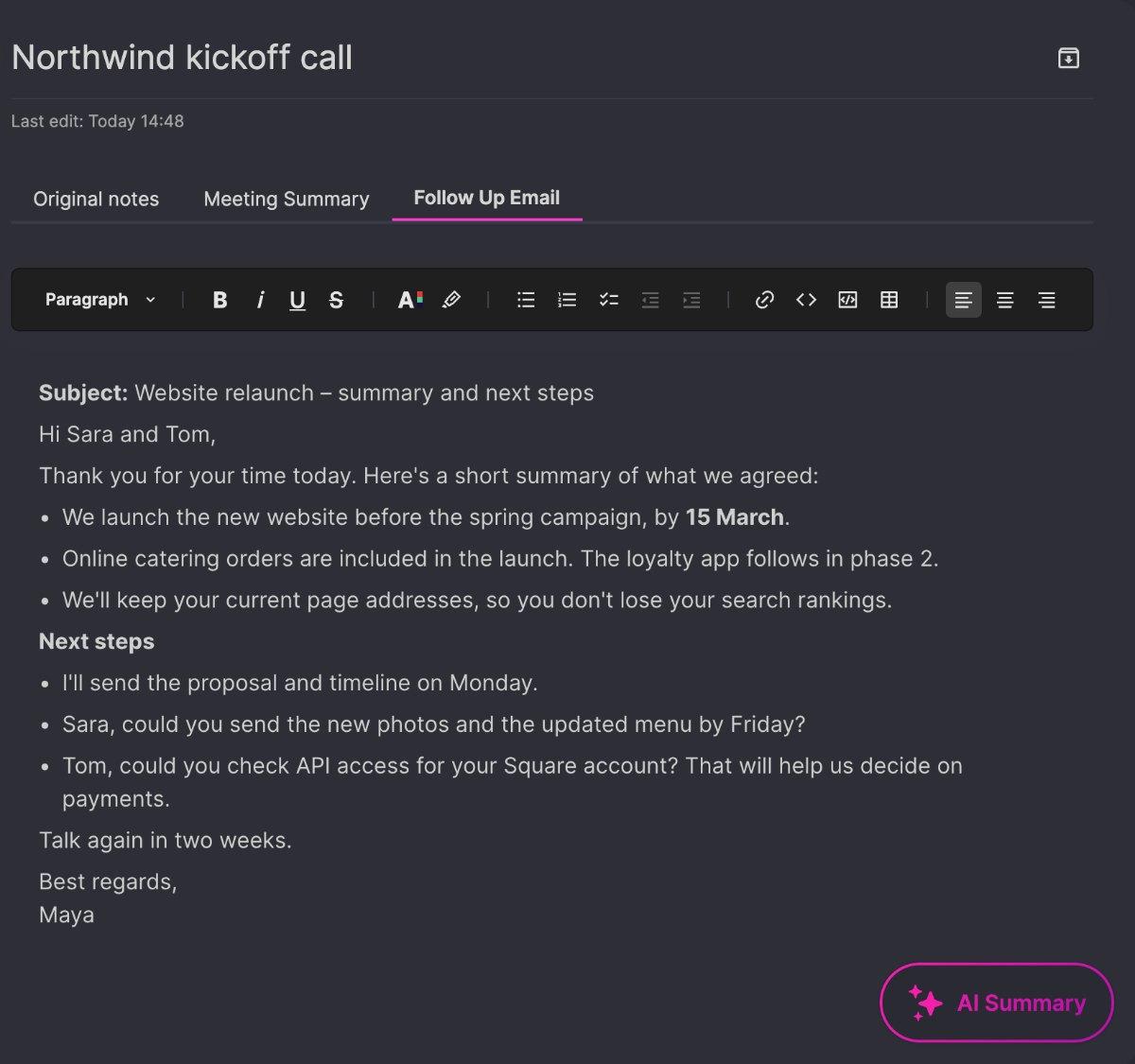 A follow-up email to the client, written from the meeting summary