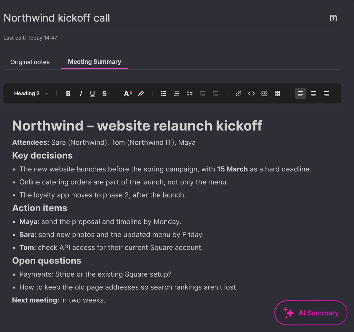 The rough notes turned into a meeting summary with decisions, action items and open questions