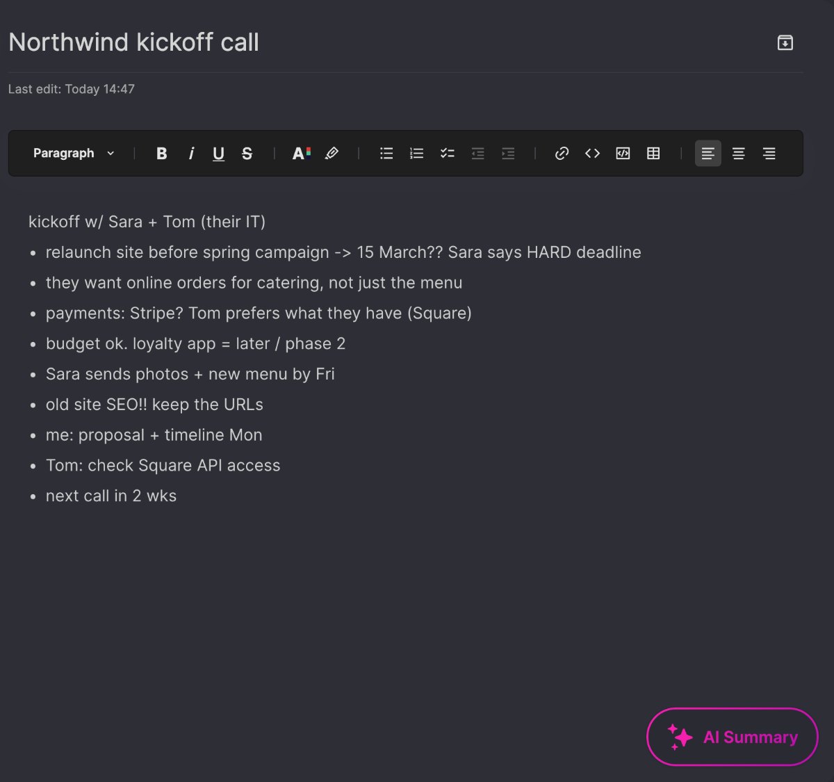 Rough bullet-point notes from a client kickoff call in Quill Note