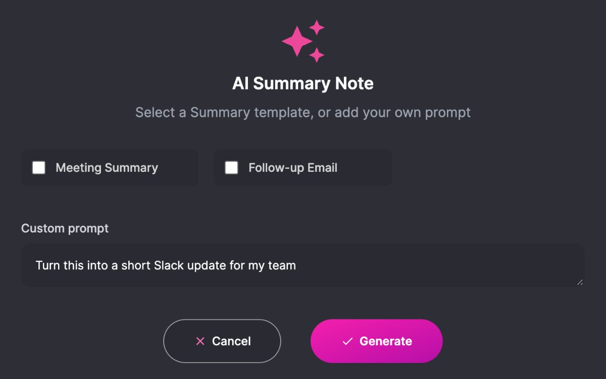 The AI Summary window with a custom prompt asking for a short Slack update