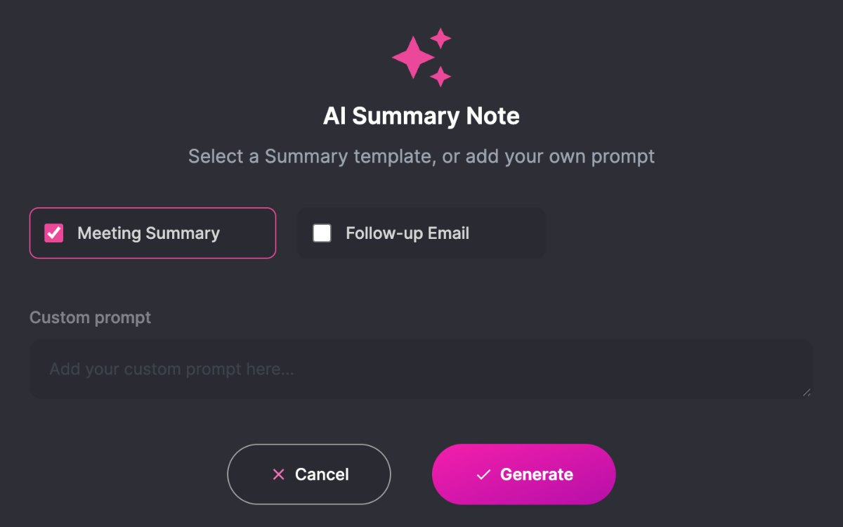 The AI Summary window with the Meeting Summary template selected
